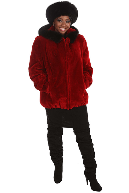 14. Red Sheared Beaver Jacket w/ Fox Trim & Fox Headband