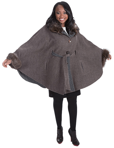 7. Reversible Tweed Cape Coat w/ Belt & Raccoon Trim